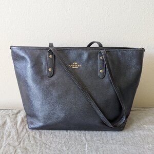 COACH Large Leather Crossgrain Tote in Navy Blue
